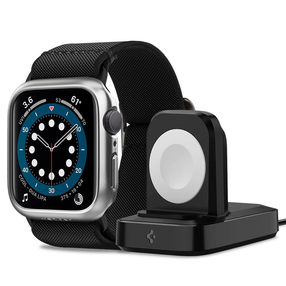 Showing the Apple Watch Series (44mm) Thin Fit Case in graphite + Watch Band Lite Fit in black + Charging Stand in black