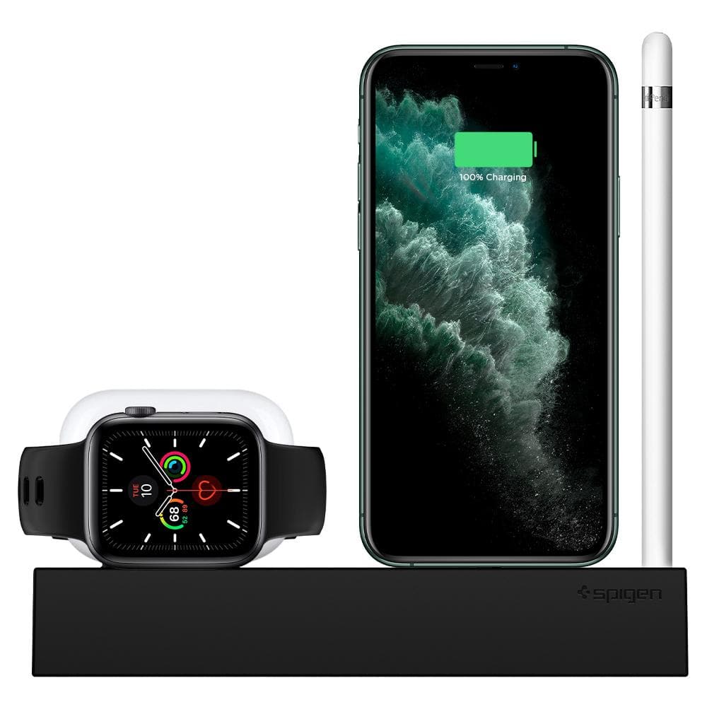 Apple 3-in-1 Stand S318 in black showing the front with AirPod Pro, Apple Watch, iPhone and Apple Pencil