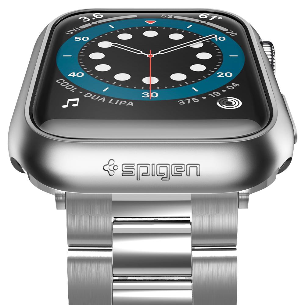 Apple Watch Series (44mm) Thin Fit Case in graphite showing a close up of the bottom with Spigen logo
