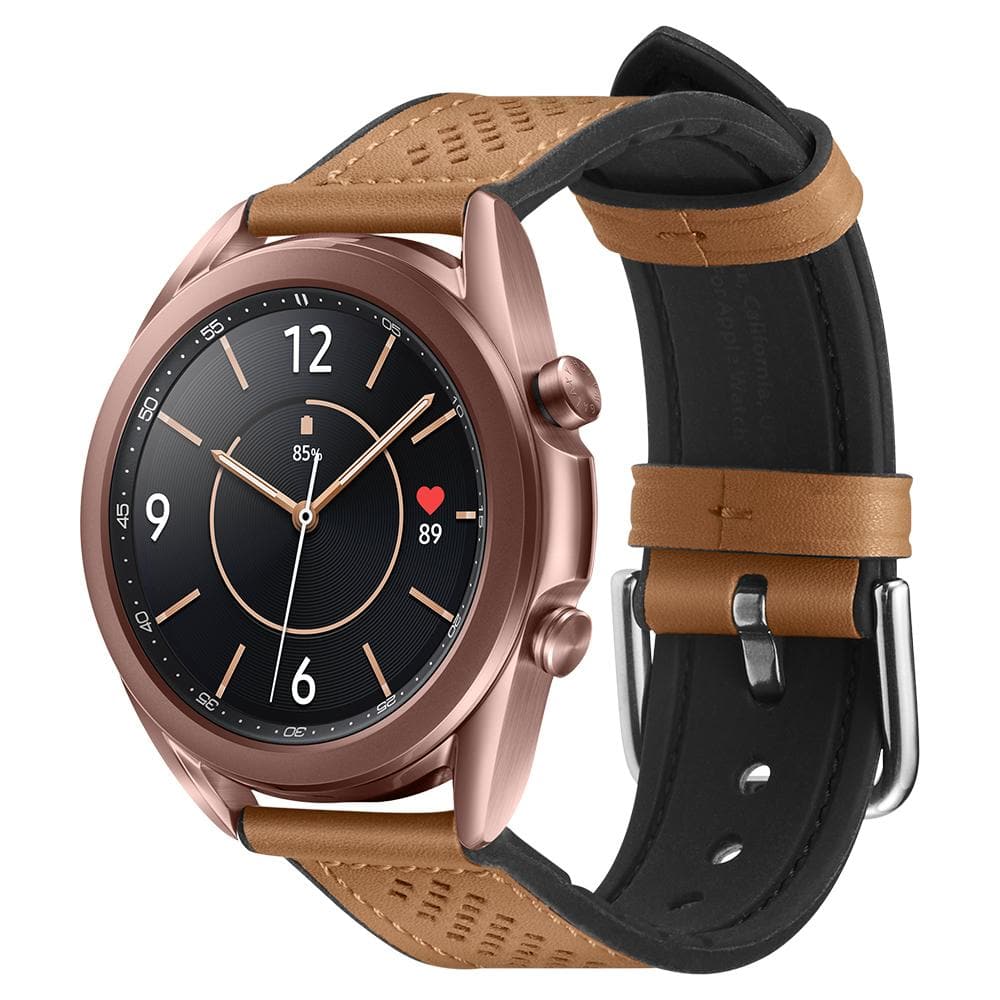 Galaxy Watch 3 (41mm) Watch Band Retro Fit (20mm) in brown showing the front at an angle on bronze watch