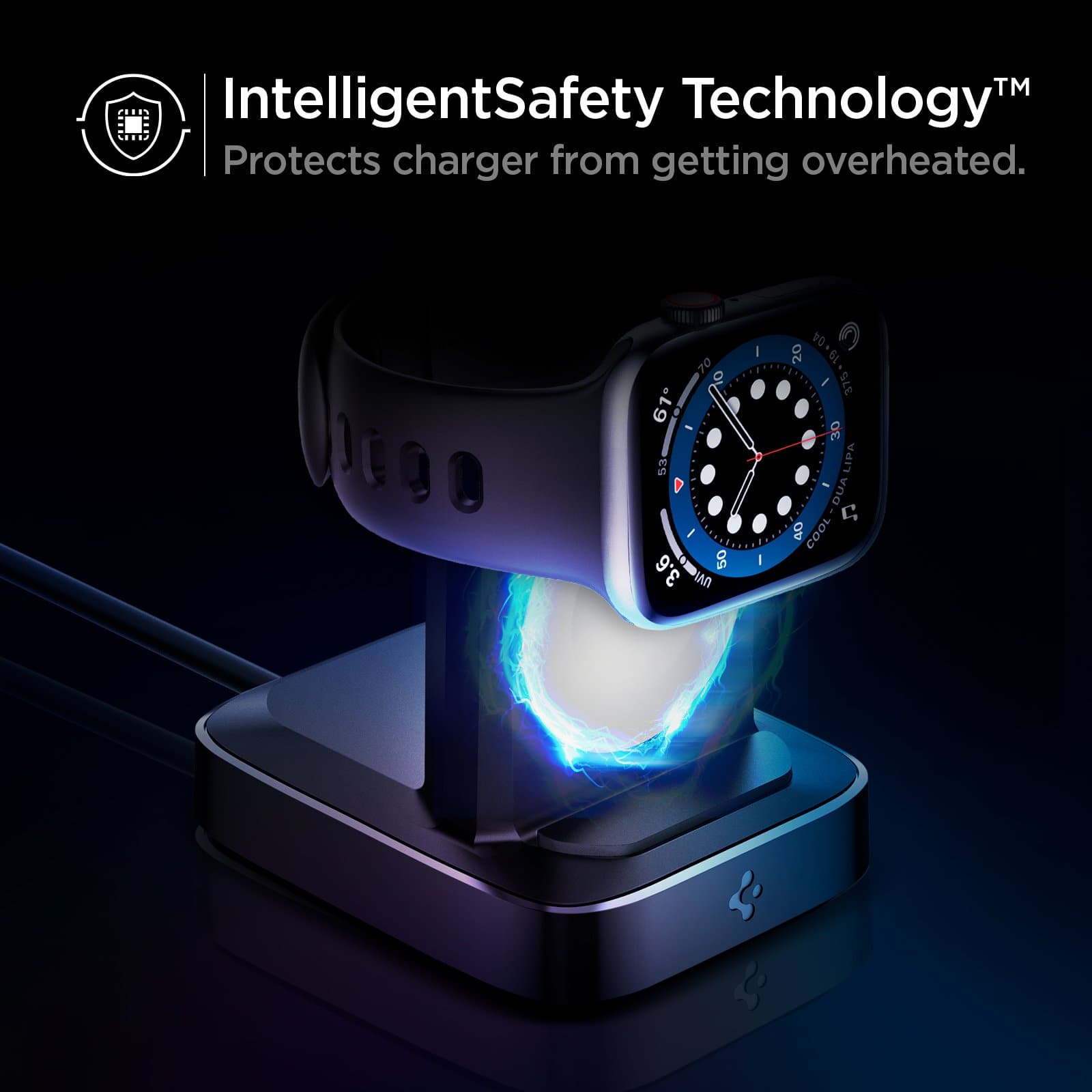 ArcField™ Wireless Charger for Apple Watch showing its Intelligent safety technology. Protects charger from getting overheated