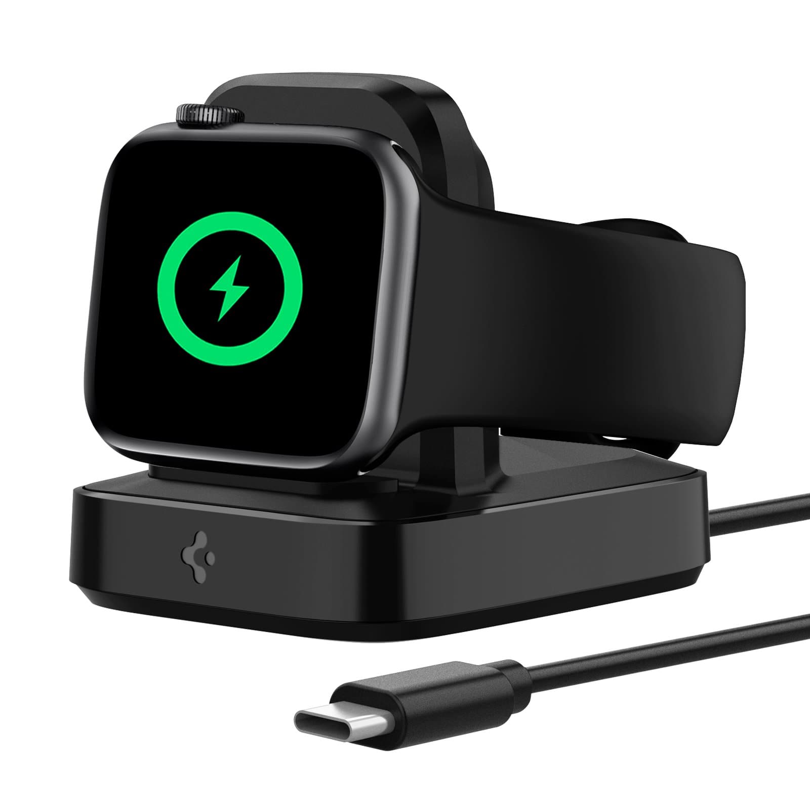 ArcField Wireless Charging Stand in black showing the front and side with Apple Watch charging