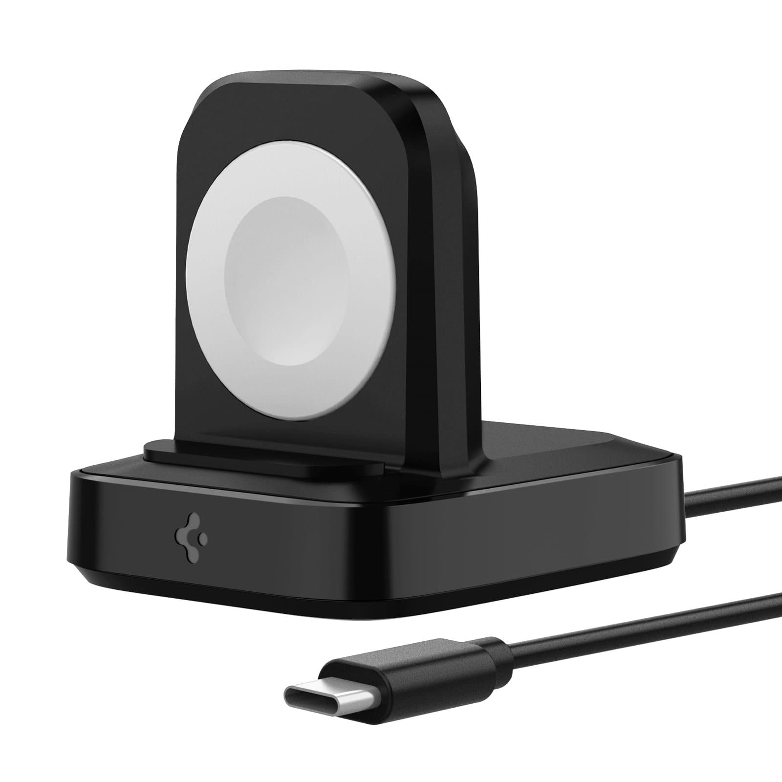ArcField Wireless Charging Stand in black showing the front and side without an Apple Watch charging