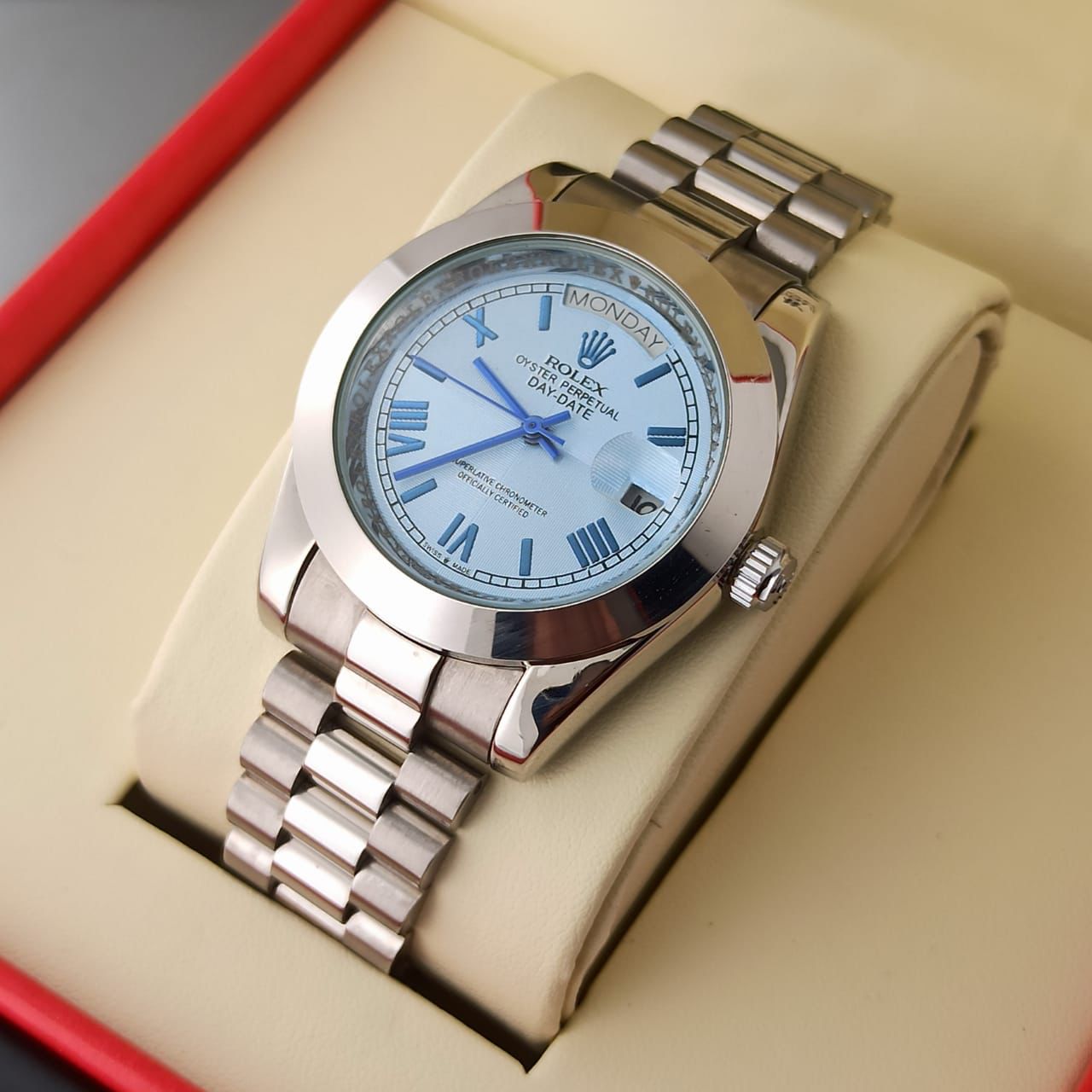 The Rolex Day-Date 40 Watch - Plan Bezel - sky blue Diagonal Motif Index Dial - President Bracelet
