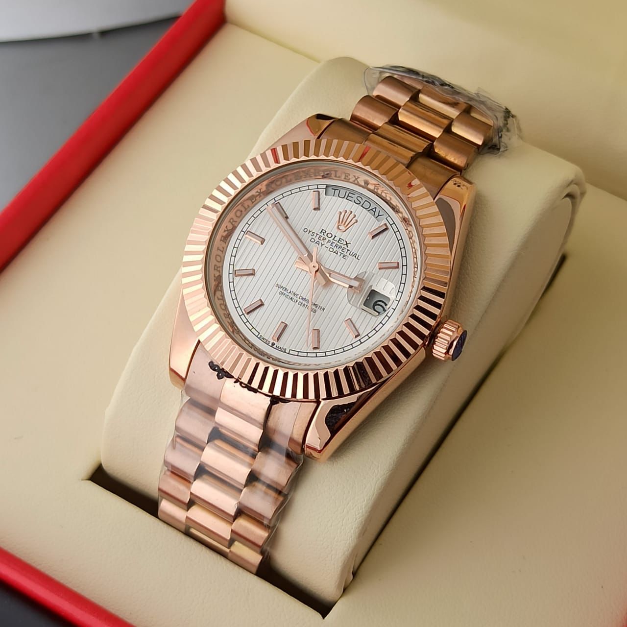 The Rolex Day-Date 40 Watch - Plan Bezel - sky blue Diagonal Motif Index Dial - President Bracelet