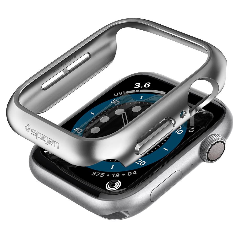 Apple Watch Series (44mm) Thin Fit Case in graphite showing the front, bottom, side and partial inside