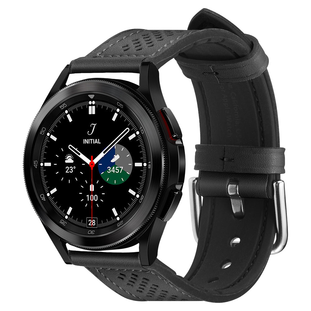 Galaxy Watch4 Classic Watch Band Retro Fit (20mm) in black showing the front at an angle on silver watch