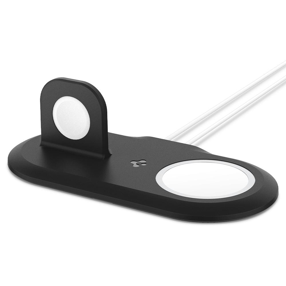 Mag Fit Duo in black shown with MagSafe charger and Apple Watch charger placed in designated areas