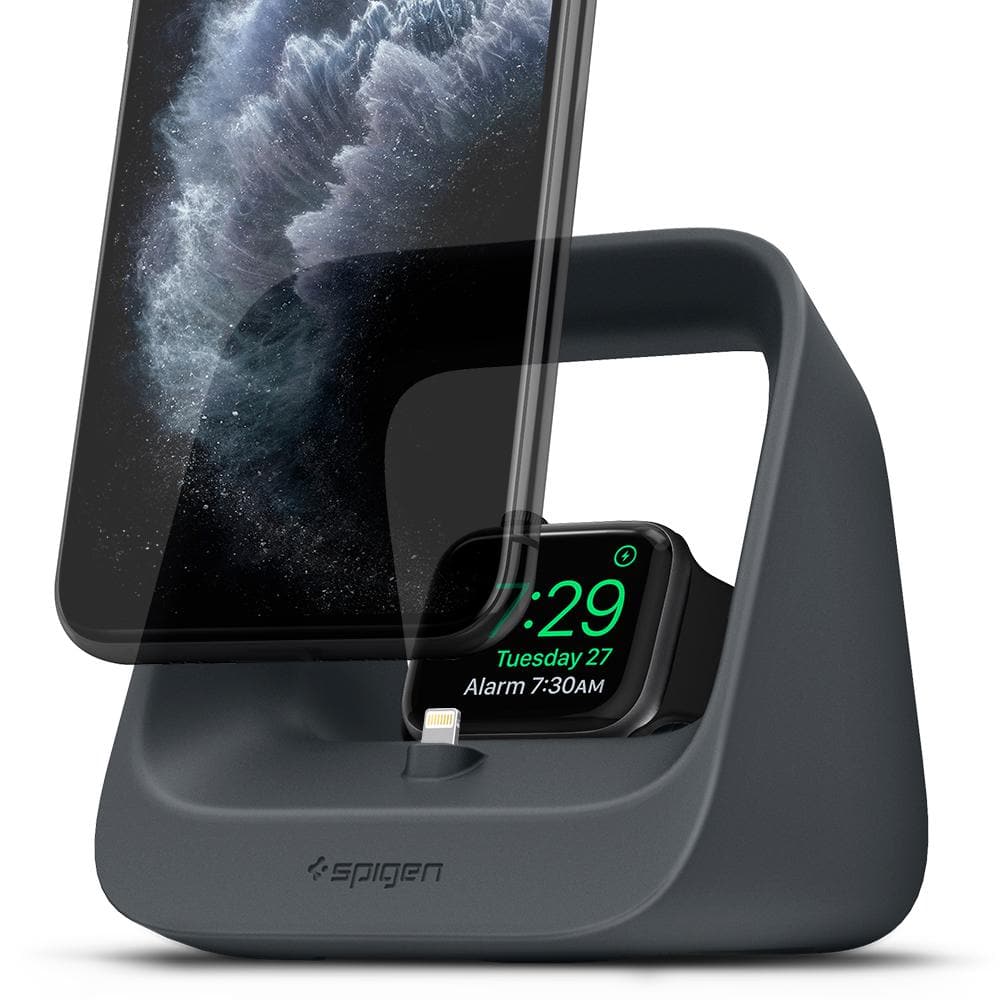 Apple 2-in-1 Stand S316 in charcoal showing the front and side with Apple watch charging and iPhone floating above
